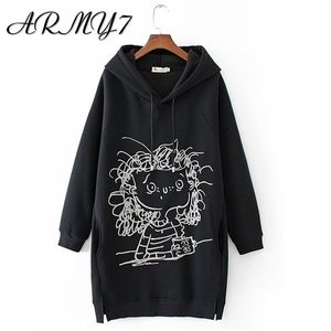 Oversize Sweatshirt Kleid Fluffy Friends Hoodie Winter Damen Frauen Cartoon Print Langarm Kapuzenhut Anime Tunika Schwarz 4XL 201112