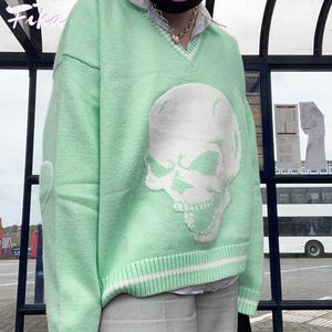 New 2021 Gothic Skull Print Woman Sweaters Fashion Autumn Winter Loose Y2K Pullover Harajuku Knitted Sweater Ladies Pull Femme Y0825