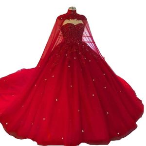 Sexy Luxurious Dark Red Ball Gown Quinceanera Dresses Sweetheart Lace Appliques Crystal Beads With Cape Chapel Train Tulle Party Prom Evening Gowns Plus
