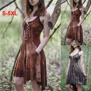 Dia das Bruxas Medieval Vintage Gótico Punk Witch Dress Slim Impressa Traje Adulto Mulheres Busto Lace Up Sexy Sling Vestido 5xl Plus Size Y0903