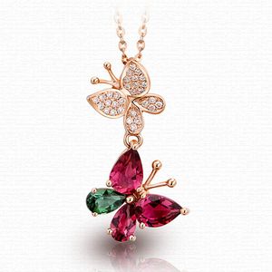 Chic Farfalla Rosso Verde Cristallo Zircone Diamanti Pietre preziose Collane con ciondolo per le donne Regali di gioielli girocollo in oro rosa 18 carati