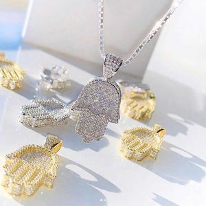Hand of the Angel Fatima Pendant Choker Hip Hop Full Iced Out Cubic Zirconia Gold Sliver Color CZ Stone Necklace Women Men 210621
