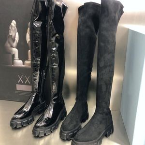 Overknee-Stiefel, lang, für Damen, Lackleder, Damenschuhe, dicker Boden, spitzer Zehenbereich, Ritter-Plattform, elastischer Stiefel