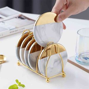 6Pcs Cup Coasters For Drinks With Holder Marble Ceramic Placemat Coaster Set Super &Cold Drink Mats Pads Table Decorate Gift 210817