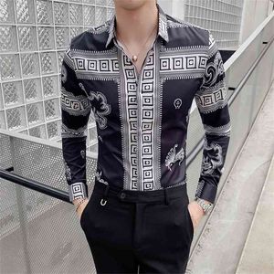 Retro Dragon Print Men Shirt Long Sleeve Shirts Fashion Casual Slim Fit Dress Night Club Party Social Streetwear Camisa 210626