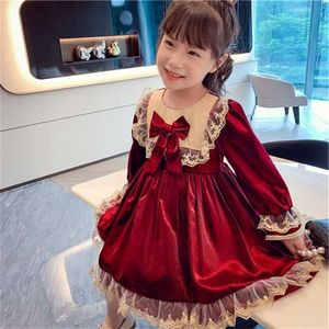 Meninas de mangas compridas vinho vermelho lolita princesa vestido toddler cair roupas 2022 flor es natal 211231