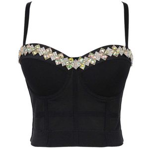 2021 Primavera Cami Top con reggiseno incorporato Push Up Bralette Crop Top Strass Brillante Nightclub Show Spaghetti Strap Canotta X0726