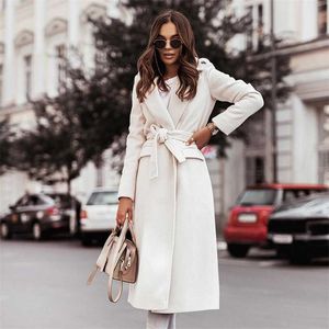 Güz Kış Yün Ceket Kadın MIDI V Yaka Kravat Bir Kemer Mizaç Ceket Kadın Haki Beyaz Siyah Kayısı Artı Boyutu Giysileri 211130
