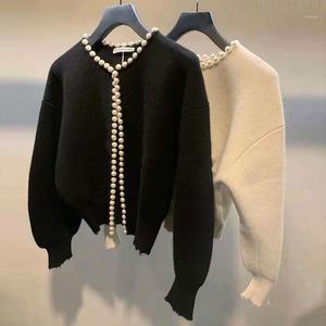 Damskie Kurtki 2021 Koreańskie FashionPearls Cardigan Batwing Rękaw Wool Knit Vintage Coat High Quality Jacket