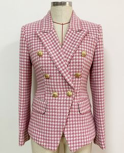 New Style Top Quality Original Design Women's Double-Breasted Slim Blazer Jacket Pink Houndstooth Metal Buckles Woolen Blazer Outwear