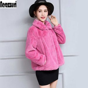 Nerazzurri Autumn Short Light Soft Faux Fur Jacket Women Long Sleeve High Waist Casual Loose Korean Fashion Pleated Fluffy Coat Y0829