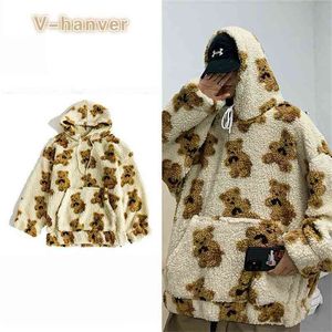 V-hanver lilla björnmönster furry hoodie vinter varm plysch söt pullovers kvinna vintage koreansk stil lös sweatshirt 210809