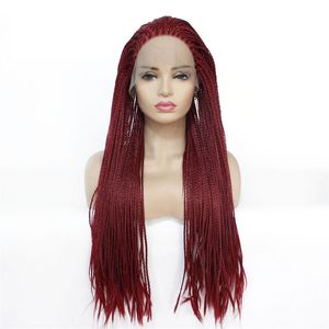 HD Box Braided Synthetic Lace Front Wig Burgundy Simulation Human Braiding Hair Frontal Long Braids Wigs 180903-1557