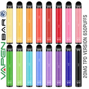 TPD Certificated VAPEN BAR E-Cigarettes Kits Disposable Vape Pens 2% 20mg NIC 2.0ml Capacity 500mAh Battery 650Puffs Vaporizer Pre-Filled Vapor EU UK Wholesale