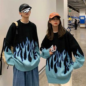 Street Style Retro Flame Pattern Sweater Mäns Höst Pullover Hip Hop O-Neck Men `s Oversized Sweater Casual Pullover 211014