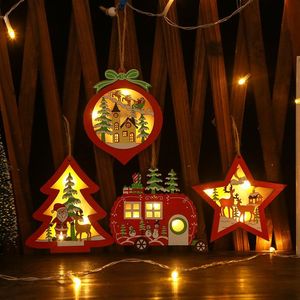 Wholesale kids crafts gifts resale online - Christmas Decorations Wooden Hanging Pendant Santa Claus LED Light Ornaments For Home Tree Decor Kids Gift Wood Crafts