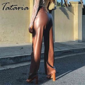 Black Straight Faux Pu Leather Trousers for Women High Waist Zipper-Up Casual Female Autumn Brown Fleece Wide Leg Pants 211124