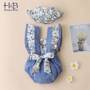 Jumpsuit infantil em torno do pescoço mangas Bodysuit verão floral toddler bebê menina romper + chapéus 2 pcs pano casual 210611