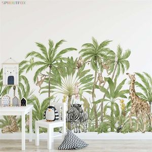 Grandi animali Giraffa Zebra Scimmia Adesivi murali per Camere dei bambini Foresta Animale Palma Casa Decalcomanie Nursery Carta da parati Decorazione 210929