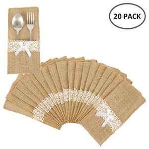 20st burlap spets bestick påse rustik bröllop porslin Kniv gaffelhållare väska Hessian jute bord dekoration tillbehör 211122