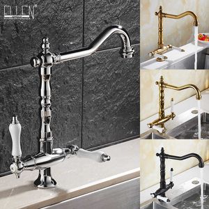 Podwójny uchwyt Kuchnia Kran Kamienny Pokład Montaż Pojedynczy Otwór Zimny ​​Water Mikser Dźwig Kitchen Sink Faucets Antique Bronze Black ELK9088 210724