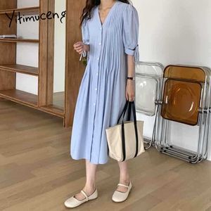 Yitimuceng Midi Vestidos para Mulheres Ruched Lace Up Buff Manga Alta Cintura Unicolor Branco Azul Sundress Summer Fashion Dress 210601