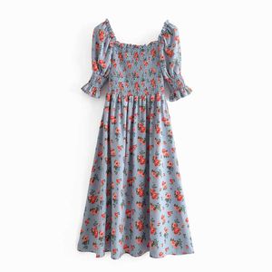 Kvinnor Sundress Summer Fashion Floral Prints Slash Neck Kort Puff Sleeve Modern Lady Shirred Bust Midi Dress 210602