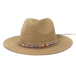 Szeroki Brim Kapelusze Kobiety Mężczyźni Słomy Jazz Panama Hat Outdoor Sea Moda Słońce Ochrona ponadgabarytowa plaża z kolorowymi koralikami pasem