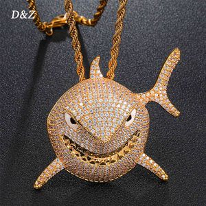 DZ Hip Hop Shark forma pingentes em ouro soild de volta pingente gelado fora cúbico zircão pedras homens hip hop balancim jóias x0509