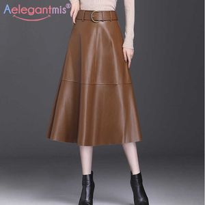 AELEGANTMIS韓国ヴィンテージフェイクレザースカート女性カジュアルハイウエストPU Aラインルーズブラックレトロロングシックメス210607