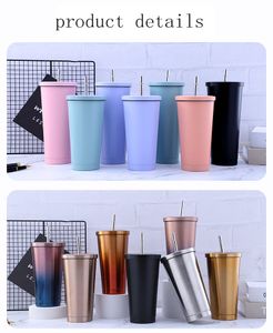 17OZ double-layer fashion stainless steel straw Mugs for adults and children vacuum coffee cup candy color gradient ice tyrant large capacity Thermos cups