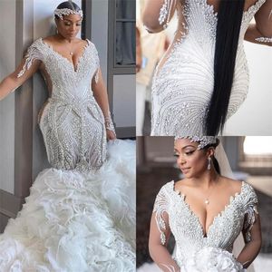 Luxurious Crystal Wedding Dresses Mermaid Bridal Gowns Sheer Long Sleeve Tier Ruffles Train Handmade vestido de novia 2022