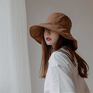 Bucket Hat Женщины Открытый Летние Солнца Шляпы Складной Широкий Брайм Большой Черный Бежевый Хаки Мода 211119