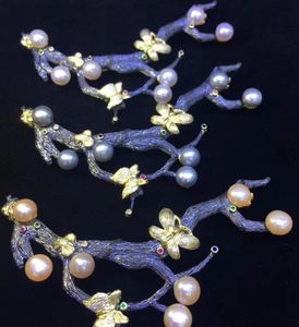 vintage natural fresh water pearl brooch pins branch of tree fashion women jewelry white pink grey purple