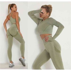Seamles Sport set para ginásio manga comprida top alta cintura de controle de barriga leggings roupa sem costura terno sexy saque meninas 210714