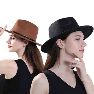 Novas mulheres homens lã vintage gangster trilby sentiu chapéu fatora com grande borda cavalheiro elegante senhora inverno cinto de outono jazz tampas g220311