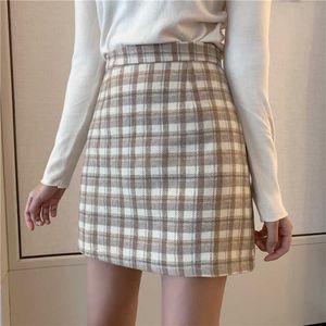 韓国のファッション女性のスカート格子縞のカジュアルハイウエストの学生春秋プリーツジッパーミニAラインスカートW161 210526
