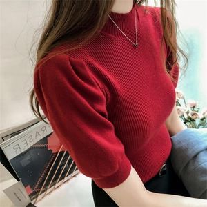 Half Turtleneck Knitted T-shirts Tops Woman Slim Short Puff Sleeve Buttons Soft Solid Autumn T-shirt Tee Female X0628