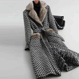 Winter Plaid Wool Blandningar S-5XLwomen Coat Officethicker Warm Fur Collar Outwear Kvinna Dubbelbröst Plus Storlek Grå Lång Jacka 211118