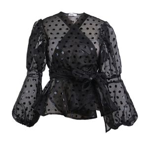 Women Polka Dot Blouses See Through Puff Sleeve Shirts Female Club Evening Date Celebrate Occasion Tops Plus Size for Ladies XXL 210527