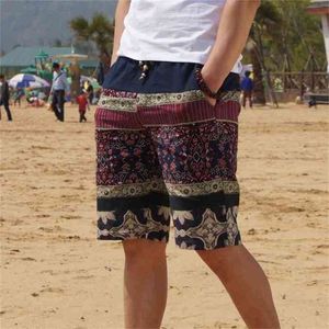 Summer Men's Bermuda Shorts Loose Straight Floral Hawaiian Casual Linen Short Pants Male Brand 210629