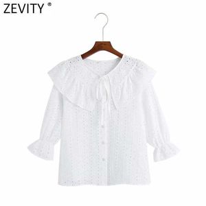 Zeveity Women Sweet Pay Out Вышивка Белые оборками Smock Blouse Wens Peter Pan Воротник кружевной рубашки Chic Blusas Tops LS9266 210603