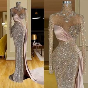 Evening Beaded Illusion Dresses Long Sleeves Mermaid Side Slit Sequins Satin High Neck Sweep Train Custom Made Plus Size Prom Party Gown Vestido