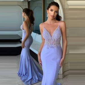 Light purple V-neck women's formal evening dress with spaghetti straps and beaded applique party to prom