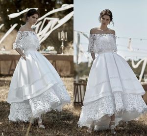 Vintage s High Low Wedding Dresses Crochet Lace Stain Off Shoulder Puffy Kjol Beach Civil Bridal Dress Vestido de Novia