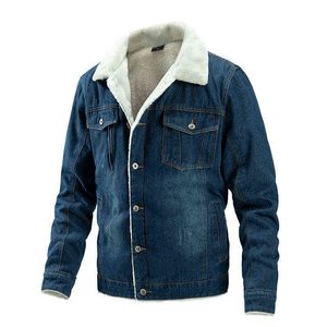 Winter Men Denim Fleece Jacket Mens Fashion Casual Jeans Jacket Man Warm Thick Denim Coat Male Fur Collar Bomber Coats Outerwear Y1109