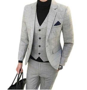 Jacka byxor väst män passar män casual boutique affärsgrid kostym passar blazers byxor väst tuxedos terno masculino x0909