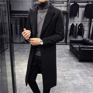 lã longo casaco homens estilo coreano moda woolen inverno casaco para baixo colarinho longo casaco de lã e jaqueta único casaco de peito 211122