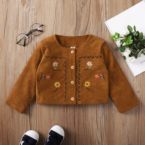 2021ベビーガールズジャケット春秋ファッション中間の子供のジャケットブラウン長袖コートボタンと花の刺繍のための女の子の服のアウターウェア
