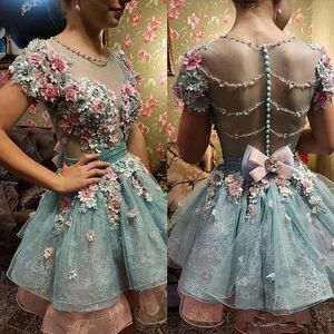 Abiti da sera di ritorno a casa con applicazioni floreali 3D al ginocchio Sweet 16 Abiti da ballo con perline a maniche corte Plus Size Abito da sera formale vintage